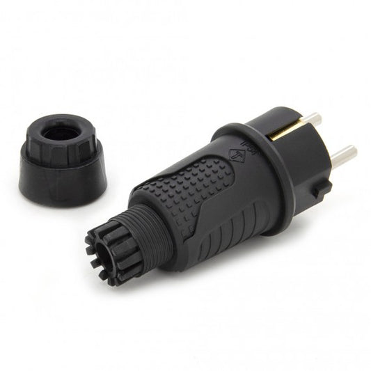 Črni gumijasti vtič IP54, 250v 16a na kabel, Uni-Schuko (dvojna ozemljitev), 2P+E, REF, Bylion