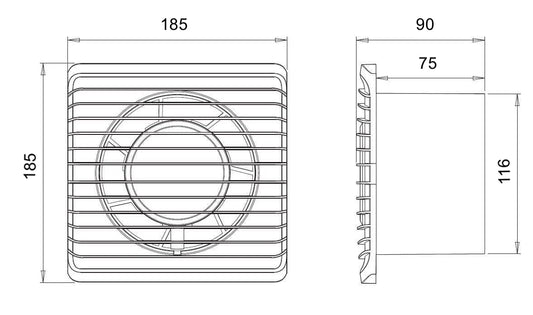 ARS - beli stenski aksialni ventilator za kopalnico / WC bele barve z rešetko, tihi 120 mm, 180 m3/h, 340042
