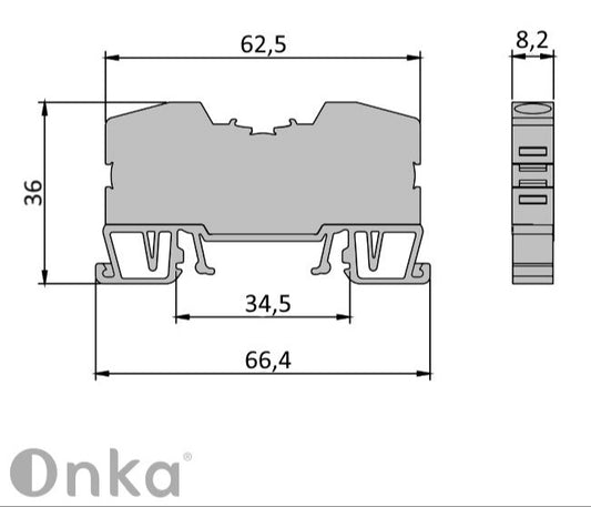 ONKA 6mm2 vzmetni priključek za tirnico DIN 2-žični priključek za tirnico, modri, 1020037