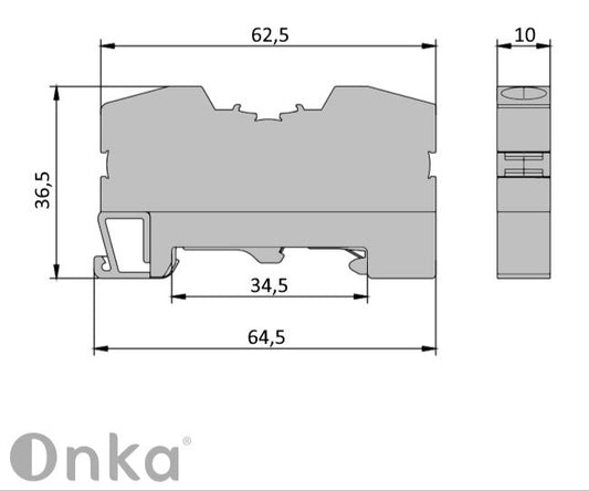 ONKA 10mm2 PE vzmetni priključek za tirnico, priključek za DIN-tirnico, 2-žični, siva, 1020300